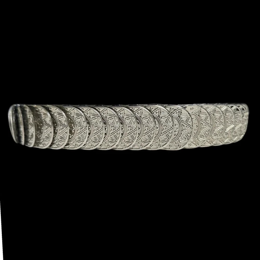 Womens‎ Ornate Coin Belt Elastic Band Silver Tone Statement Accent Vintage